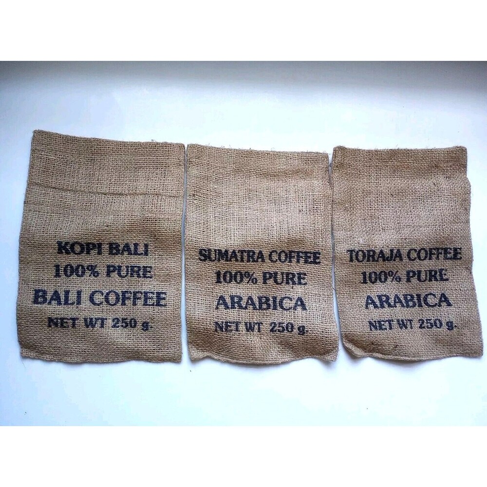 Lot of 3 Small Indonesian Coffee Bean Burlap Bag Sacks Wall Art/Decor/Craft 10x7